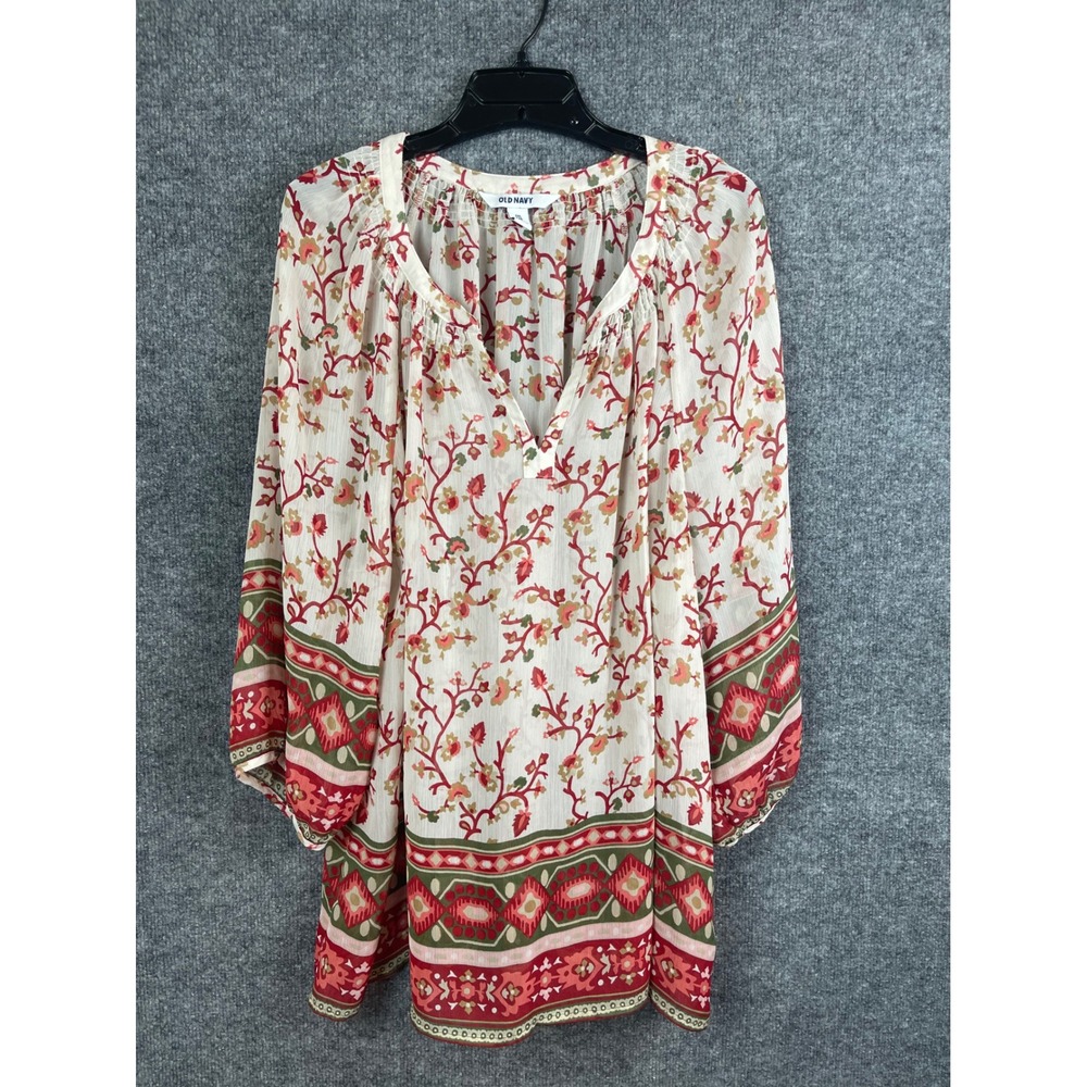 Old Navy Tunic Top Women XXL‎ Ivory Floral Chiffon Split Neck 3/4 Sleeve